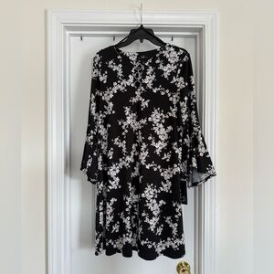 AGB Black with White and Pink Floral Pattern 3/4 Flutter Sleeve Dress